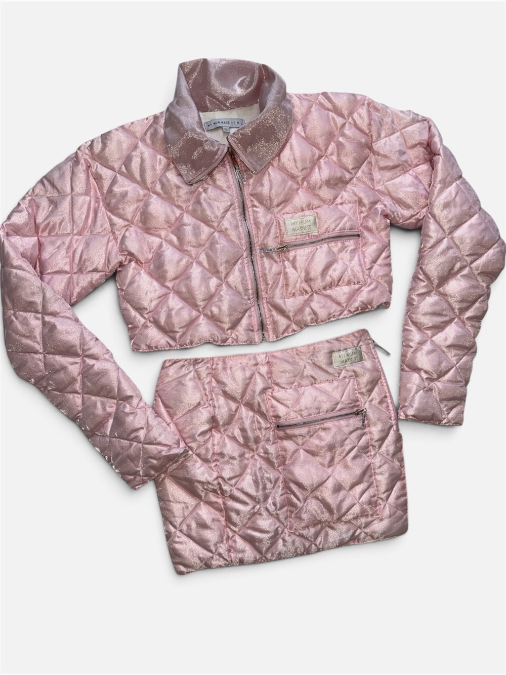 Shimmery Pink Quilted Puffer Jacket & Skirt Set Sz M-L